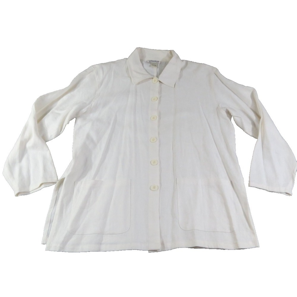 Vantana Shirt Women Small Ivory Linen Side Vent Pockets Collared Button Front